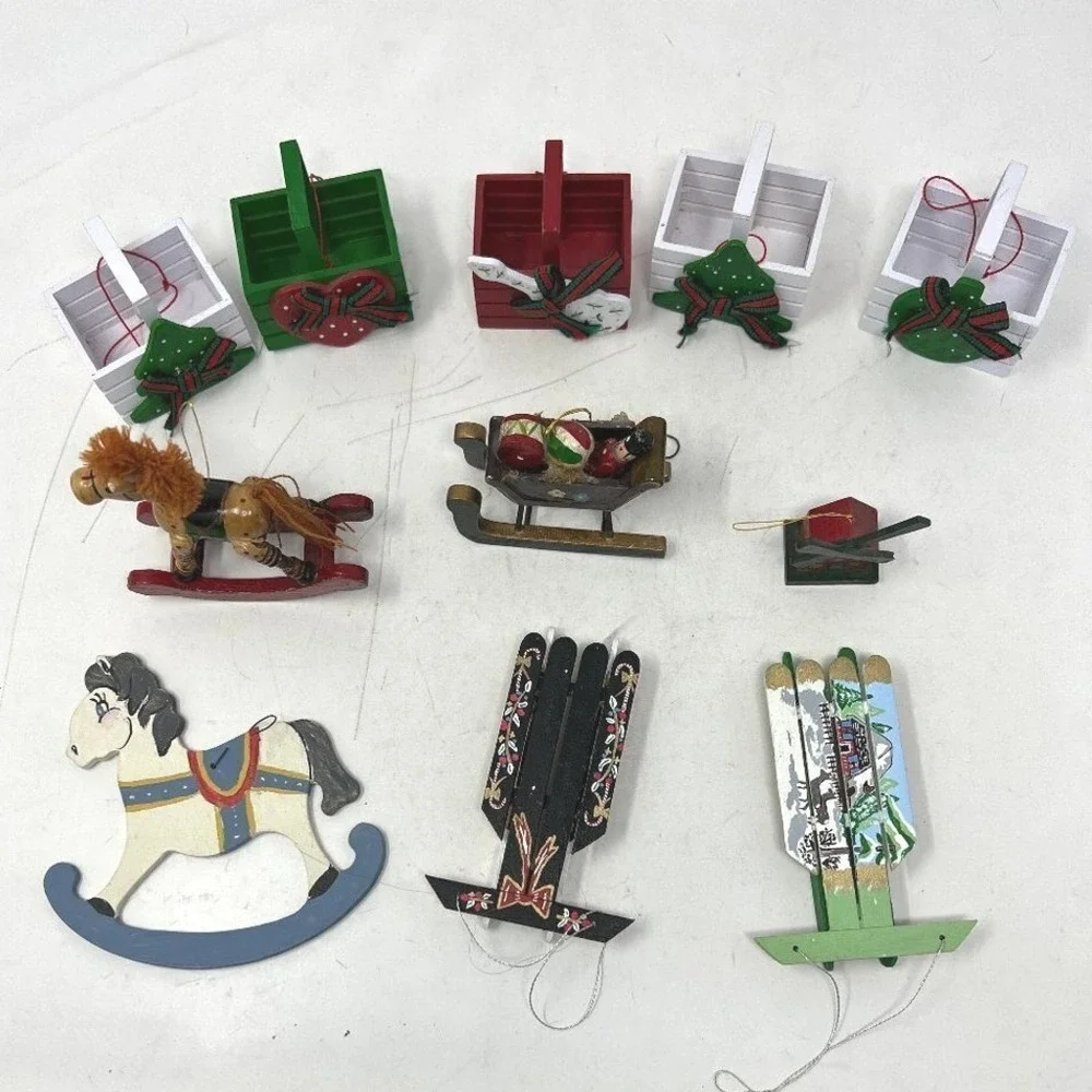 Wooden Christmas Ornaments Rocking Horse Sled Windmill Tree Holiday Lot‎ of 11
